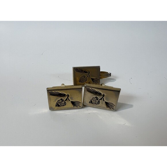 Tie Clip Cuff Links Vintage Pioneer Rustic Pine Cone Outdoors Nature Gold Tone - Picture 3 of 6